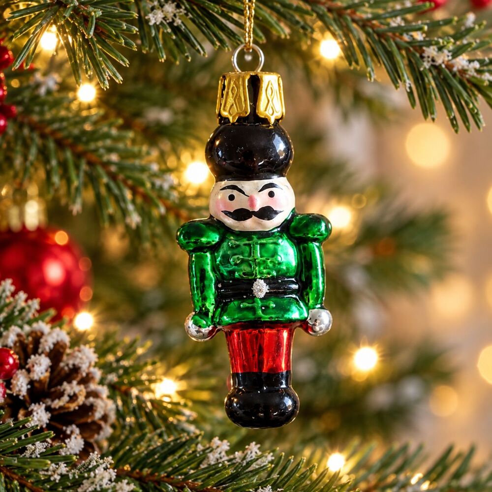 Vintage Poland Mercury Glass Nutcracker Soldier Christmas Ornament 2" Green Red